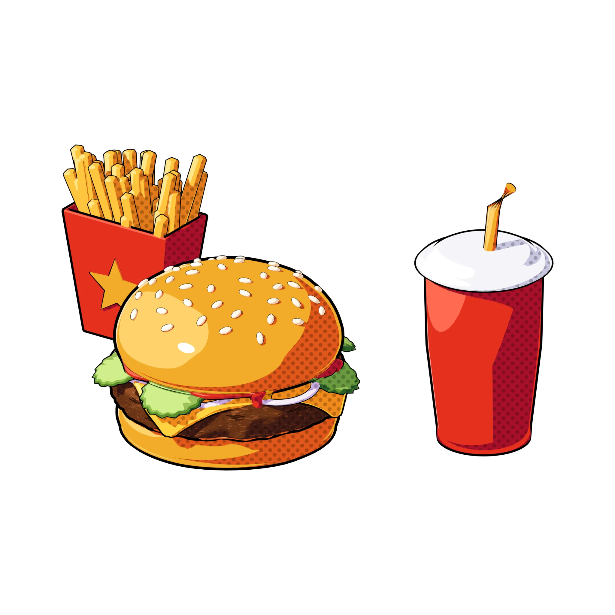 Un menu : burger, frites et boisson